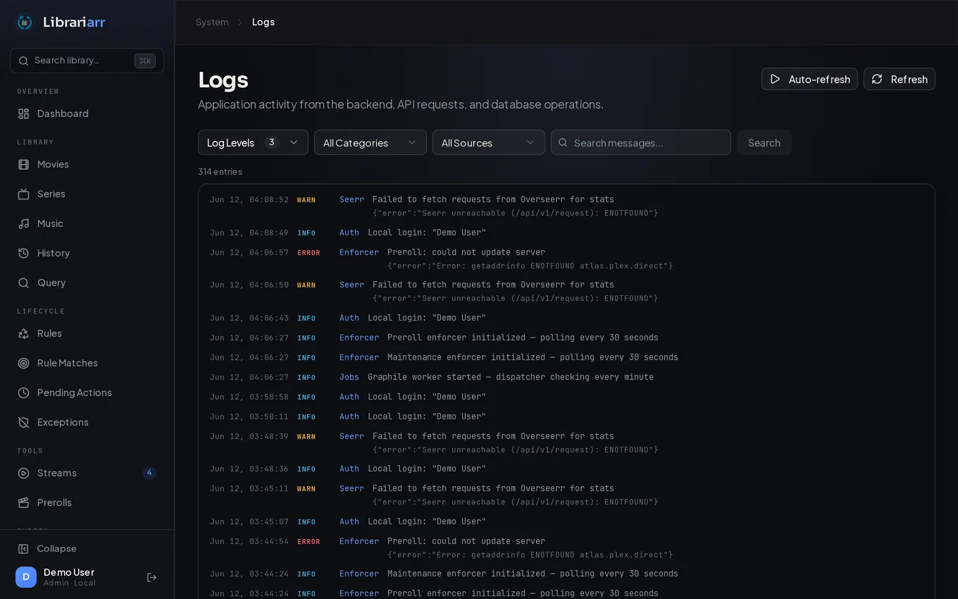 System logs with filterable levels, categories, and sources