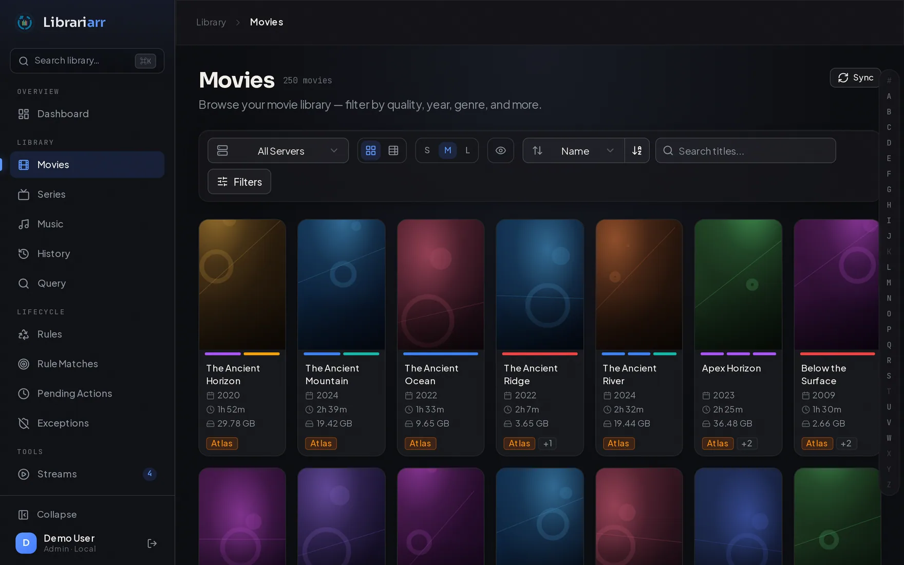 Movie library grid with posters and quality details