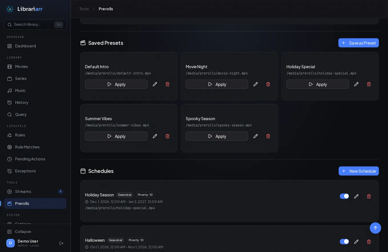 Preroll manager showing saved presets and recurring and seasonal schedules