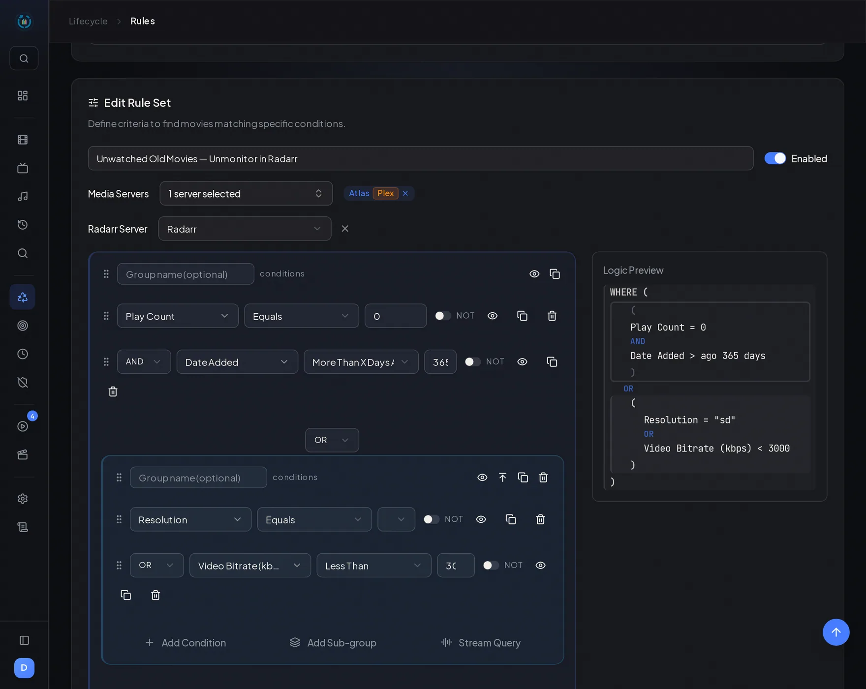 Editing a lifecycle rule set with a nested condition group in the rule builder, alongside a live logic preview