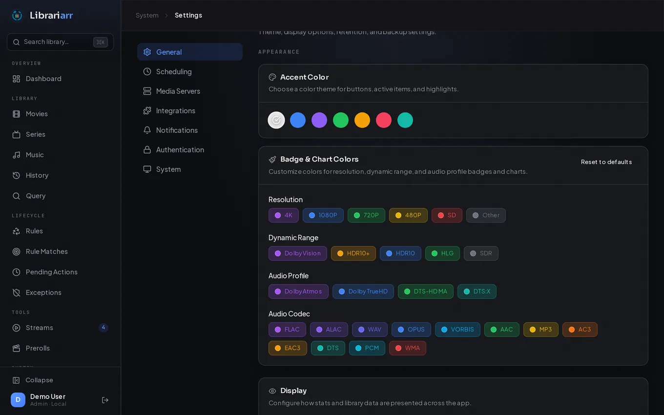 Settings page with accent color and badge color customization