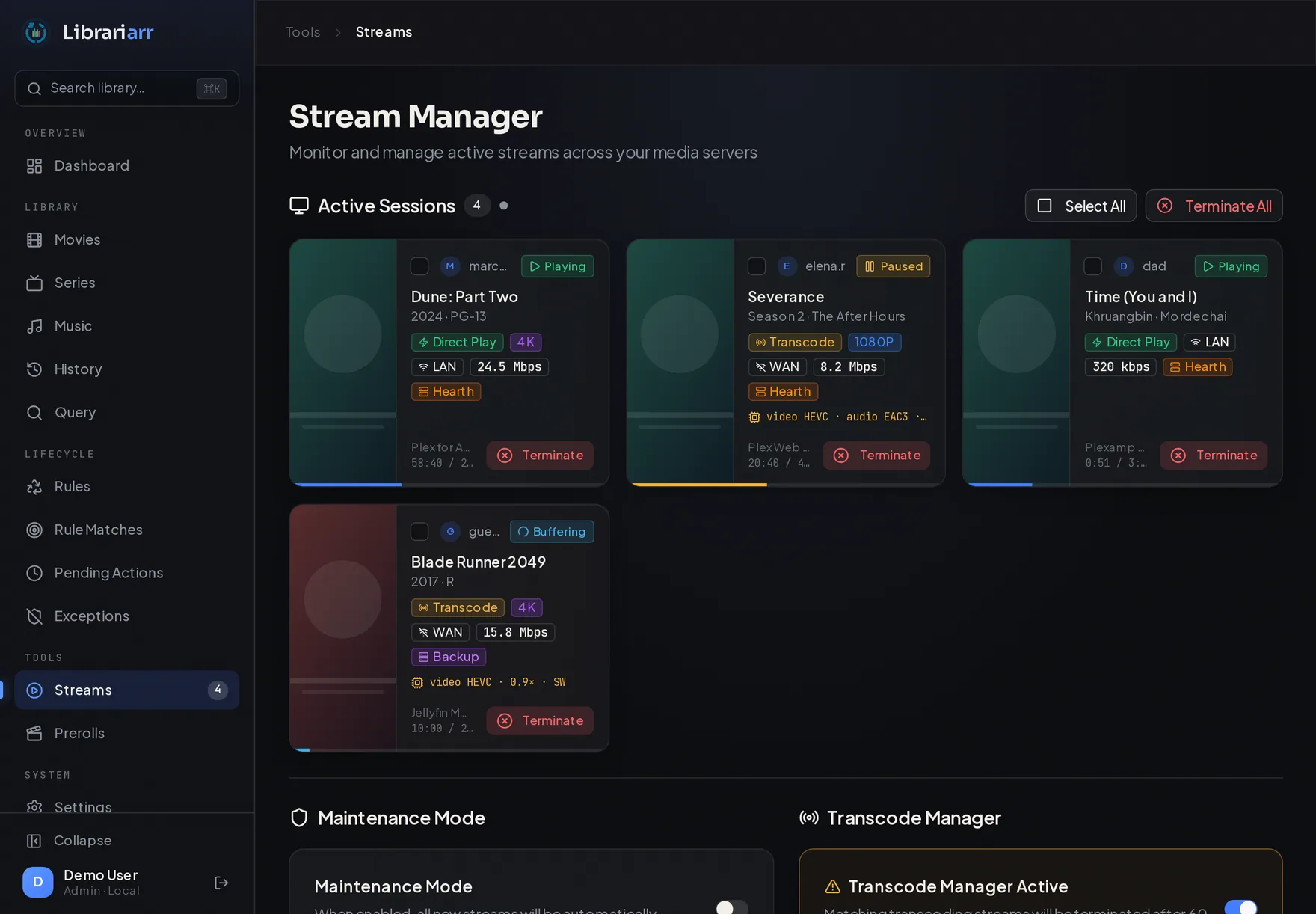 Stream manager showing live playback sessions, maintenance mode, and transcode manager